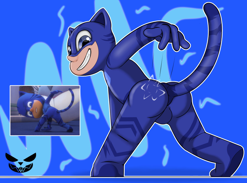 anthro bent_over blue_eyes bulge butt butt_focus buttplug catboy_(pjmasks) child clothing hero hi_res looking_at_viewer male mask pajamas pepperbunny pj_masks plug_(sex_toy) presenting screencap sex_toy smile solo spanking_butt tail tight_clothing watermark young