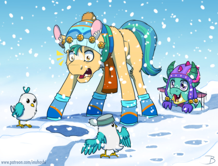 amber_eyes avian beanie bird blaze_(marking) boots clothing dragon facial_markings footwear fur green_body green_scales hasbro hat head_markings headgear headwear hitch_trailblazer_(mlp) horn inuhoshi-to-darkpen male markings mlp_g5 my_little_pony scales scarf snow snowing sparky_sparkeroni_(mlp) tin_can turquoise_hair yellow_body yellow_fur