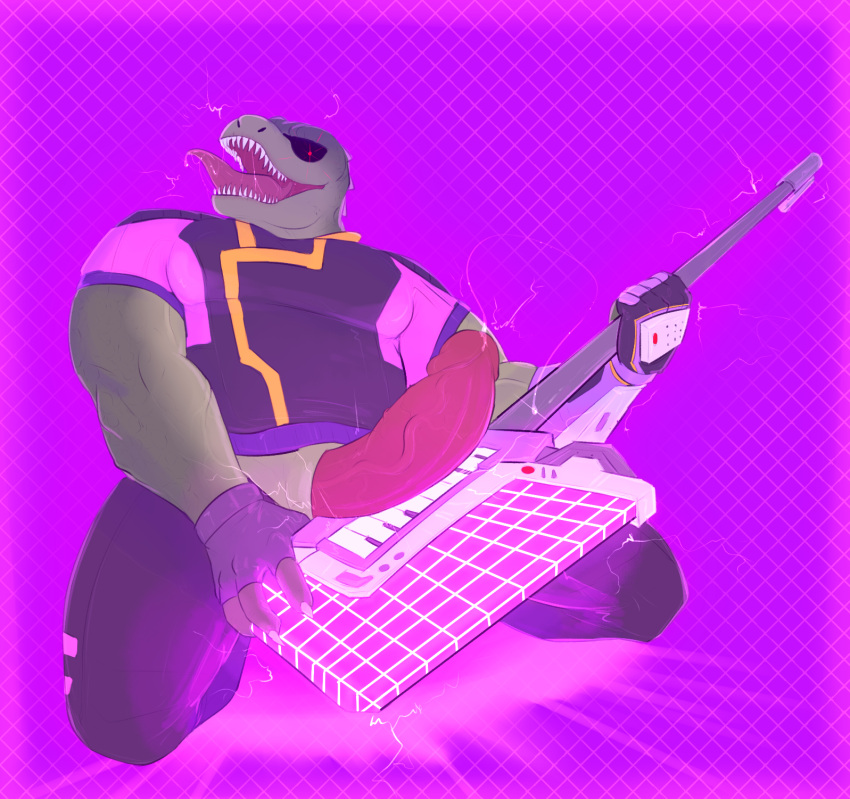 anthro big_penis bodily_fluids chaac_(smite) claws dinosaur eyewear genital_fluids genitals glowing glowing_eyes hi_res himerosthegod keyboard_instrument keytar kneeling leather male musical_instrument penis precum precum_string purple_background reptile scalie simple_background smite solo sunglasses synthwave theropod tongue tongue_out tyrannosaurid tyrannosaurus tyrannosaurus_rex vein veiny_penis