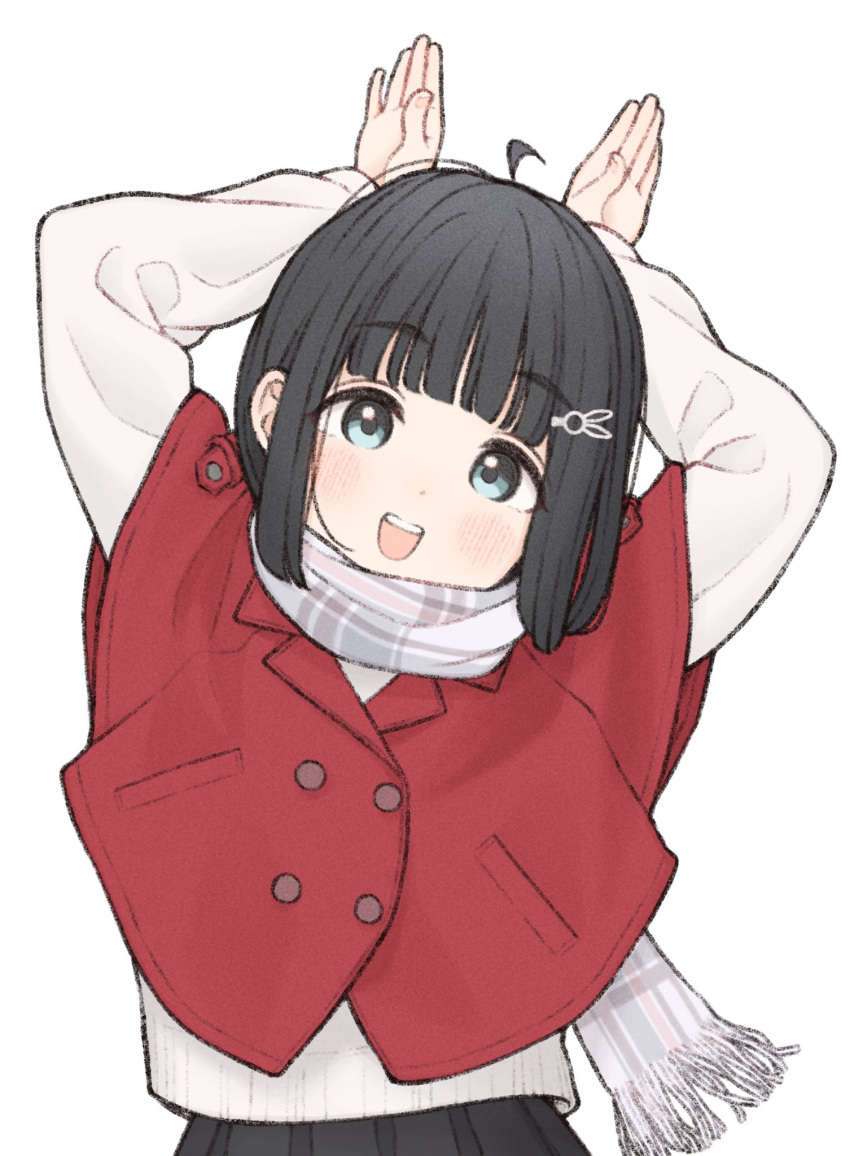 1girl 1ssakawaguchi ahoge arms_up black_hair blue_eyes blush bob_cut bunny_pose chinese_zodiac hair_ornament head_tilt highres jacket looking_at_viewer open_mouth original rabbit_hair_ornament scarf short_hair smile solo teeth upper_body upper_teeth_only white_background year_of_the_rabbit