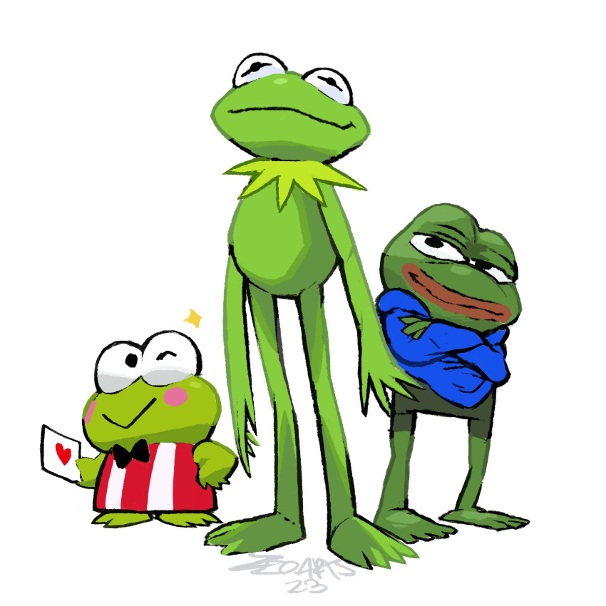 2023 3boys 4chan absurdres black_bow blue_hoodie blush_stickers bow boy's_club colored_skin crossover frog green_skin heart highres hood hoodie kermit_the_frog keropii letter lips multiple_boys muppets pepe_the_frog sanrio standing zeoarts