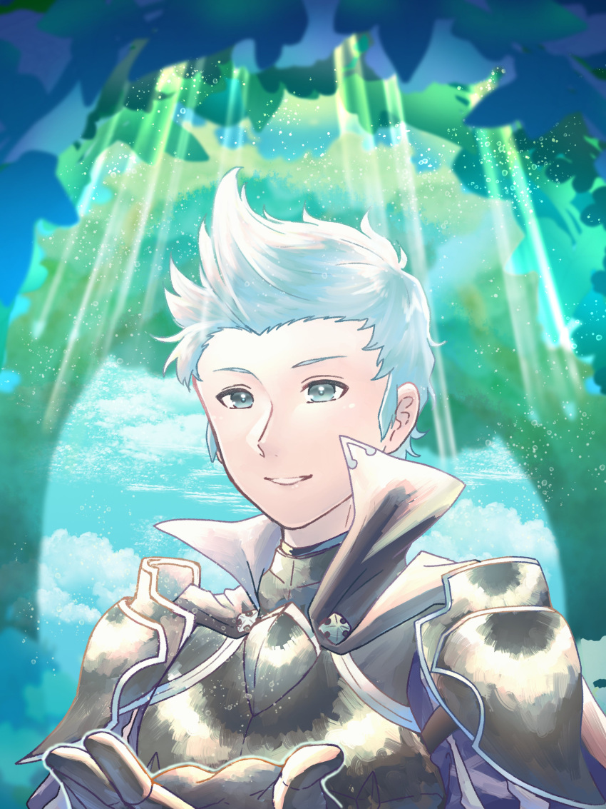 1boy absurdres collared_cape fire_emblem fire_emblem_fates gloves grey_eyes grey_hair highres looking_at_viewer portrait quiff silas_(fire_emblem) smile solo sunlight teitokunanodesu