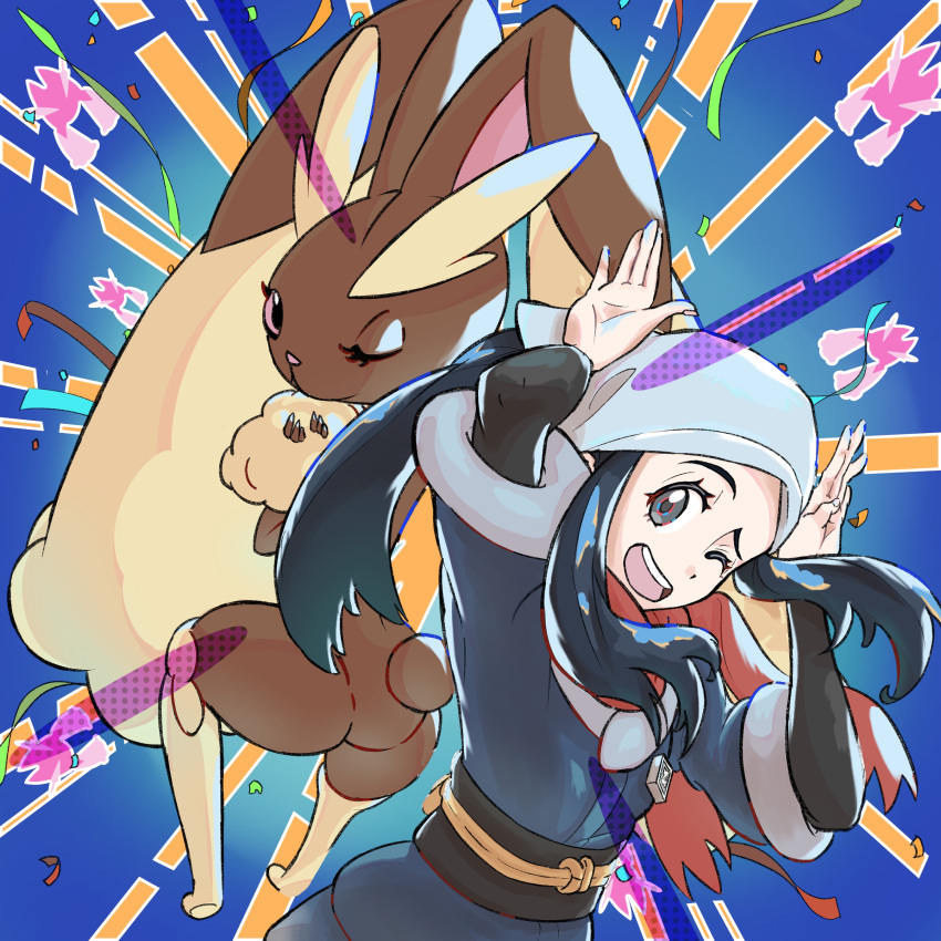 2girls :3 absurdres akari_(pokemon) animal_ears animal_nose arms_up black_eyes black_hair blue_background blue_kimono body_fur brown_fur bunny_pose closed_mouth commentary_request confetti flat_chest from_behind full_body furry furry_female hands_up happy head_scarf highres japanese_clothes keeno-ringo46 kimono layered_sleeves long_hair long_sleeves looking_at_viewer looking_back lopunny multiple_girls obi one_eye_closed open_mouth own_hands_together pink_eyes pokemon pokemon_(creature) pokemon_(game) pokemon_legends:_arceus ponytail rabbit_ears rabbit_girl rabbit_tail red_scarf sash scarf shiny shiny_hair short_over_long_sleeves short_sleeves sidelocks smile standing tail teeth two-tone_fur upper_body white_headwear yellow_fur