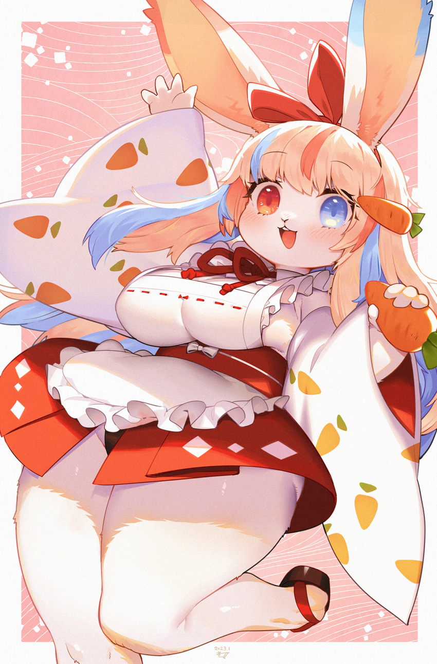 1girl :d animal_ears apron arm_up blue_eyes blue_hair blush body_fur breasts carrot_hair_ornament carrot_print cleavage commentary_request food-themed_hair_ornament food_print furry furry_female hair_ornament hair_ribbon heterochromia highres japanese_clothes kimono kishibe large_breasts long_hair looking_at_viewer multicolored_hair open_mouth original print_kimono rabbit_ears rabbit_girl red_eyes red_hair red_ribbon ribbon smile solo tabi thick_thighs thighs white_apron white_fur white_hair white_kimono wide_sleeves