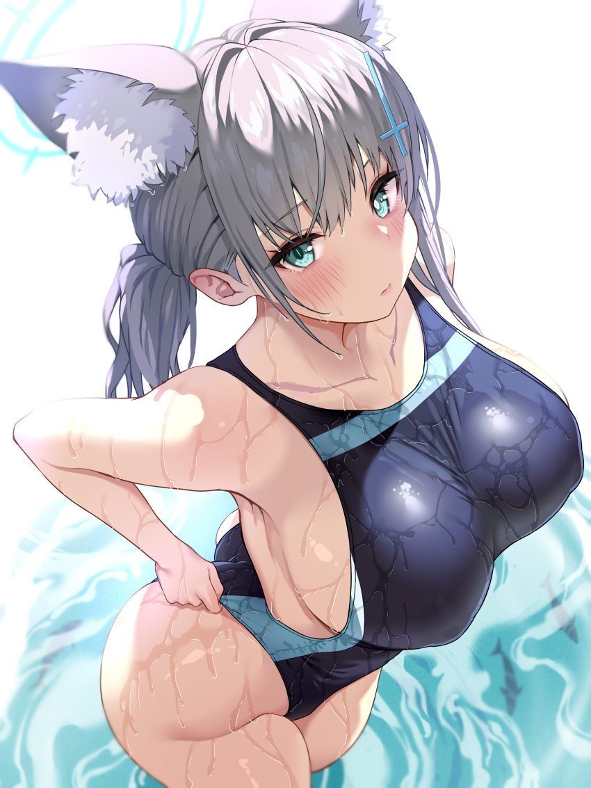 1girl absurdres animal_ear_fluff animal_ears ariso_kaoru ass bangs blue_archive blue_eyes blue_one-piece_swimsuit blush breasts closed_mouth collarbone cross_hair_ornament from_above grey_hair hair_ornament highres large_breasts long_hair looking_at_viewer one-piece_swimsuit shiroko_(blue_archive) shiroko_(swimsuit)_(blue_archive) sidelocks standing swimsuit taut_clothes taut_swimsuit wading wet