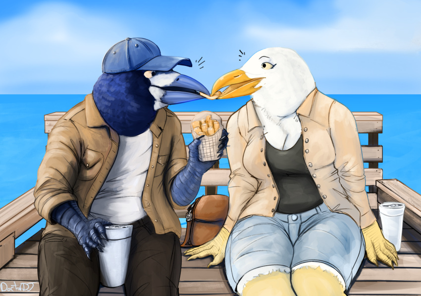 2023 anthro avian beak bench biped bird blue_body blue_feathers bottomwear breasts claws cleavage clothed clothing container cup digital_media_(artwork) doctordj duo eye_contact feathers female finger_claws grey_beak gull holding_container holding_cup holding_object lari larid looking_at_another male male/female outside sea shorts sky water white_body white_feathers yellow_beak