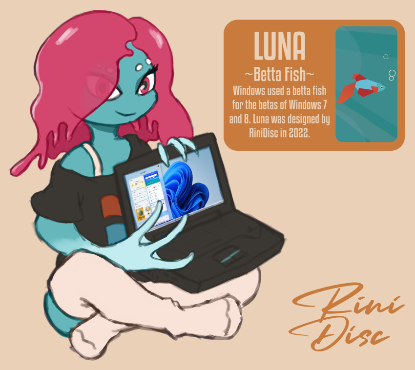 2023 anthro betta_(genus) black_clothing black_shirt black_topwear blue_body blue_skin bra_strap clothed clothing computer crossed_legs english_text eyelashes female fish gourami hair hi_res holding_object laptop legwear luna_(rinidisc) marine membrane_(anatomy) microsoft microsoft_windows off_shoulder orange_background pink_eyes pink_hair rinidisc shirt siamese_fighting_fish signature simple_background sitting smile solo t-shirt text thigh_highs topwear webbed_hands windows_11