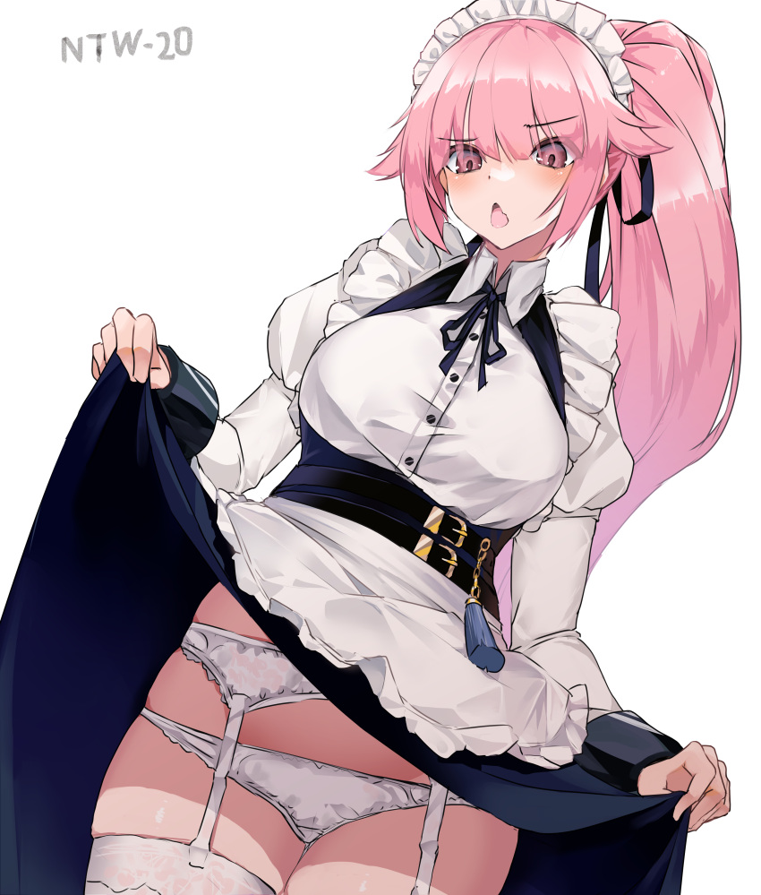 1girl absurdres apron breasts character_name clothes_lift dress dress_lift frilled_apron frills garter_belt girls'_frontline glaring highres juliet_sleeves lifted_by_self long_hair long_sleeves maid maid_apron maid_headdress medium_breasts ntw-20_(girls'_frontline) open_mouth panties pink_eyes pink_hair ponytail puffy_sleeves solo standing thighhighs underwear very_long_hair waist_apron white_apron white_background white_panties white_thighhighs yanagui