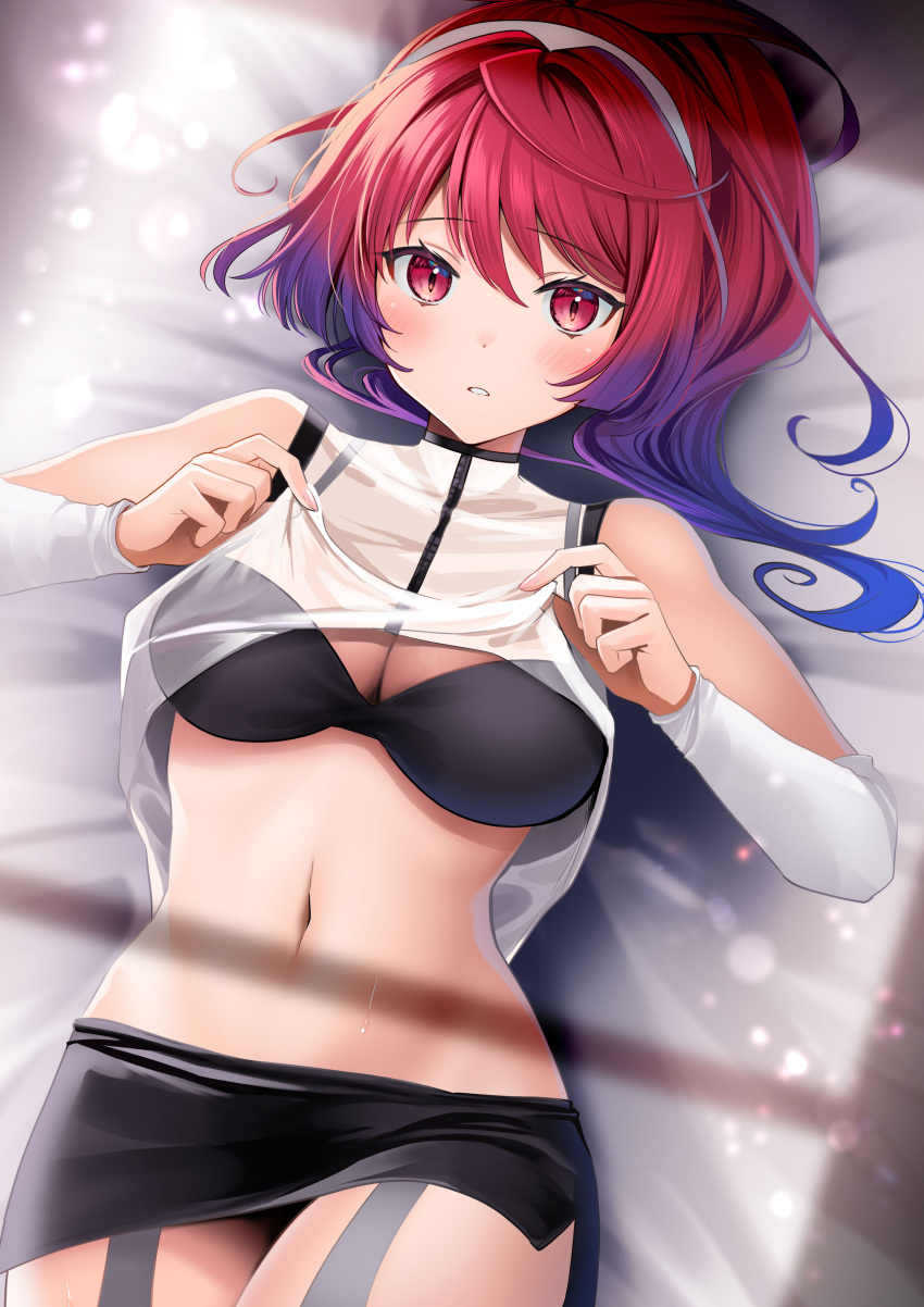 1girl absurdres bangs bed_sheet black_bra black_skirt blush bra breasts cleavage clothes_lift detached_sleeves from_above gradient_hair hair_between_eyes hairband highres isurugi_neneko lifted_by_self long_hair long_sleeves looking_at_viewer lying medium_breasts midriff miniskirt multicolored_hair navel on_back parted_lips pencil_skirt ponytail purple_hair red_eyes red_hair see-through see-through_shirt shirt shirt_lift shuumatsu_no_harem side_slit skirt sleeveless sleeveless_shirt slit_pupils solo stomach underwear white_hairband white_shirt white_sleeves yunamaro