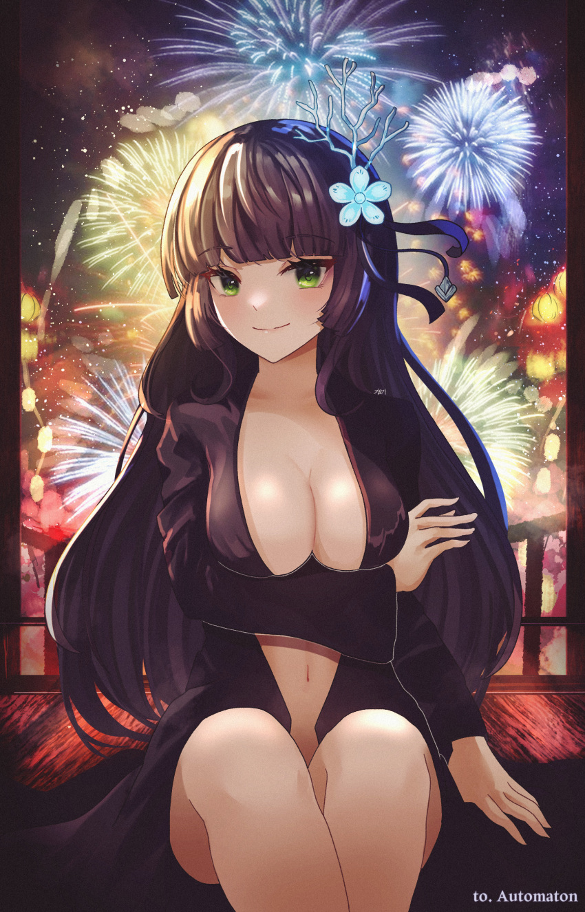 1girl absurdres bangs black_coat black_hair blue_flower blunt_bangs breast_rest breasts cleavage closed_mouth coat commission fireworks flower gmg grey_eyes hair_flower hair_ornament highres long_hair long_sleeves looking_at_viewer medium_breasts naked_coat night open_clothes open_coat original outdoors shiny_hair sitting sky smile solo star_(sky) starry_sky very_long_hair