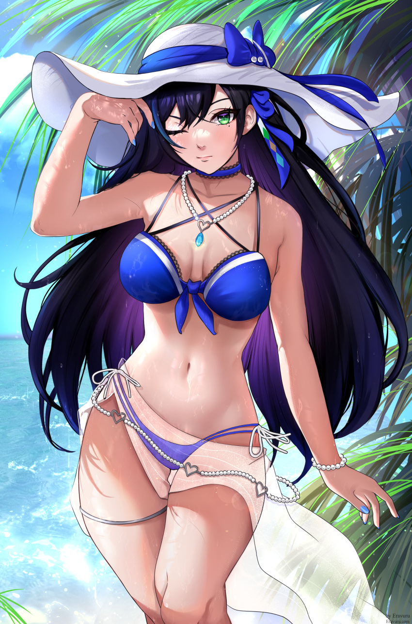 1girl absurdres bangs bikini black_hair blue_bikini blue_nails blue_ribbon breasts collarbone eravuru green_eyes hat highres jewelry lin_(tower_of_fantasy) long_hair medium_breasts mole mole_under_eye navel necklace official_alternate_costume one_eye_closed ribbon see-through sleeveless solo swimsuit tower_of_fantasy water