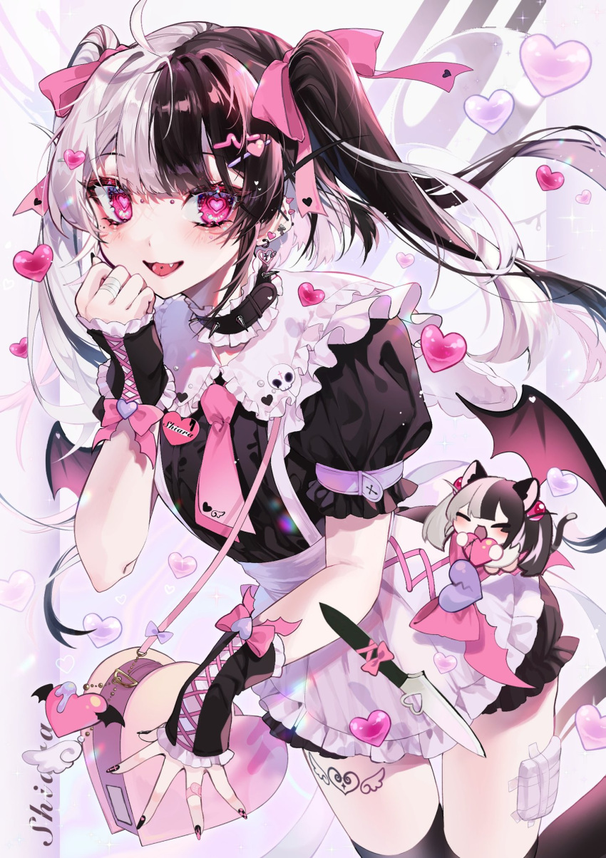 1girl apron bag bandages black_hair chibi dot_nose ear_piercing earrings eita_789 hair_ribbon handbag heart heart-shaped_pupils highres indie_virtual_youtuber industrial_piercing jewelry knife maid maid_apron multicolored_hair necktie nose_piercing piercing pink_eyes ribbon shiara symbol-shaped_pupils tattoo thigh_gap thighhighs tongue_piercing twintails virtual_youtuber white_hair