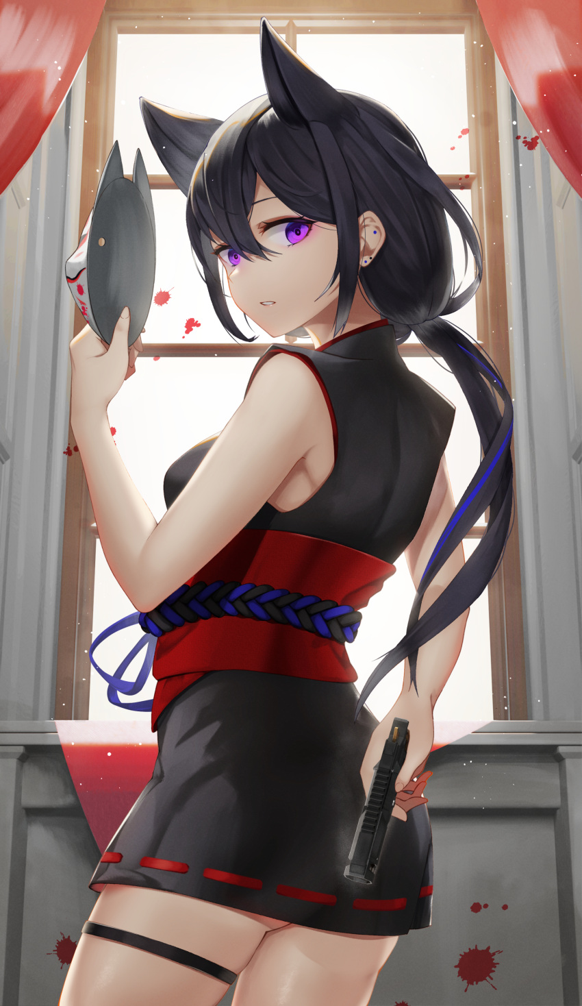 1girl absurdres animal_ears ass bare_shoulders black_hair black_kimono blood blood_splatter blue_hair curtains fox_ears fox_mask from_behind gun handgun highres holding holding_mask holding_weapon ichinose_uruha indoors japanese_clothes kimono long_hair looking_at_viewer looking_back low_ponytail mask miko multicolored_hair obi official_alternate_costume parted_lips purple_eyes ribbon-trimmed_clothes ribbon_trim sash shioneko_(0202) short_kimono sleeveless sleeveless_kimono solo streaked_hair thigh_strap thighs virtual_youtuber vspo! weapon window