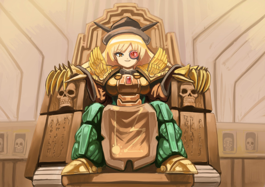 1girl :d armor armored_boots bangs blonde_hair boots chinese_clothes claw_(weapon) commission cosplay emperor_of_mankind emperor_of_mankind_(cosplay) full_body gold grin highres long_hair long_sleeves looking_at_viewer matara_okina profitshame sitting skull_ornament smile solo teeth throne touhou warhammer_40k weapon yellow_eyes