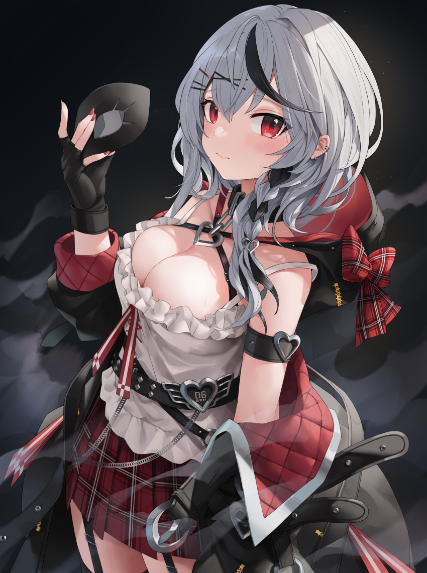 1girl absurdres belt black_belt black_gloves black_jacket bow breasts camisole cleavage eye_mask fingerless_gloves garter_straps gloves grey_hair highres holding holding_mask hololive hood hood_down hooded_jacket jacket kaguya_(srx61800) large_breasts long_hair looking_at_viewer mask miniskirt multicolored_hair plaid plaid_bow plaid_skirt red_eyes red_nails red_skirt sakamata_chloe skirt solo streaked_hair virtual_youtuber wavy_hair white_camisole