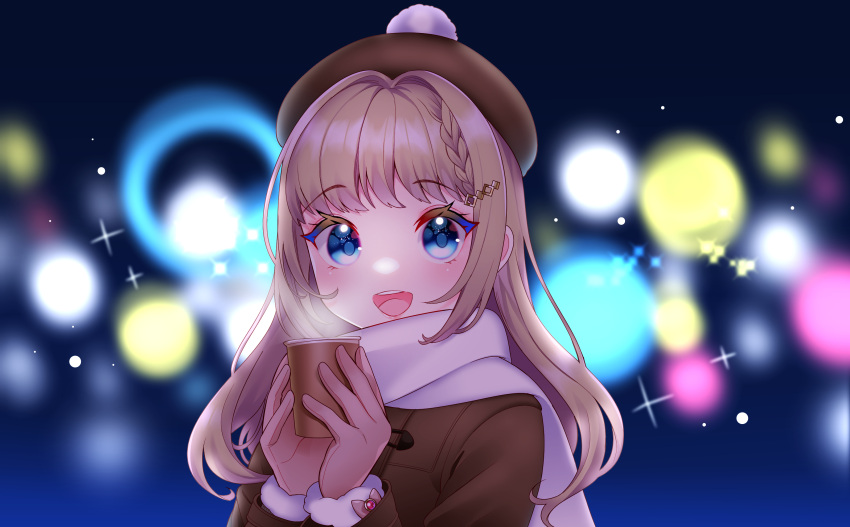 1girl bangs beret blue_eyes blurry blush bokeh braid braided_bangs brown_hair coat cup depth_of_field disposable_cup drink duffel_coat fur-trimmed_gloves fur_trim gloves hair_intakes hat highres holding holding_cup long_hair long_sleeves looking_at_viewer masumofu open_mouth original pom_pom_(clothes) smile solo sparkle steam