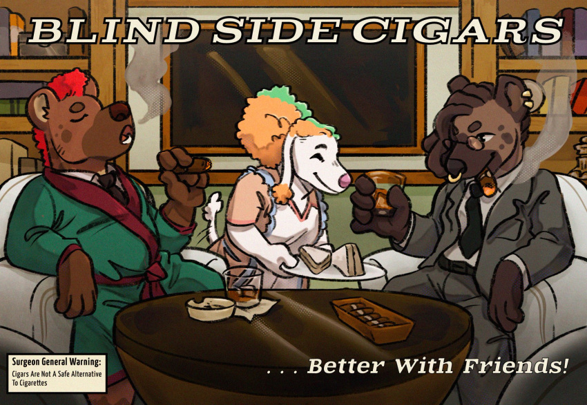 advertisement alcohol anthro apron ashtray bear beverage bookshelf brown_body brown_fur canid canine canis chair chubby_female cigar clothing cryptidcoyote domestic_dog dreadlocks dress_shirt ear_tuft eyewear facial_piercing female frohawk fur fur_markings furniture glasses group hair hair_up hi_res highlights_(coloring) housewife hybrid hyena juniper_(yeeniebeans) lounge lounge_chair male male/female mammal manna-mint markings mr.hakkai necktie nose_piercing piercing pink_nose poodle septum_piercing shirt smile smoking smoking_jacket spots spotted_body spotted_fur suit table tail tail_motion tail_tuft tailwag tied_hair topwear trio tuft white_body white_fur wide_hips