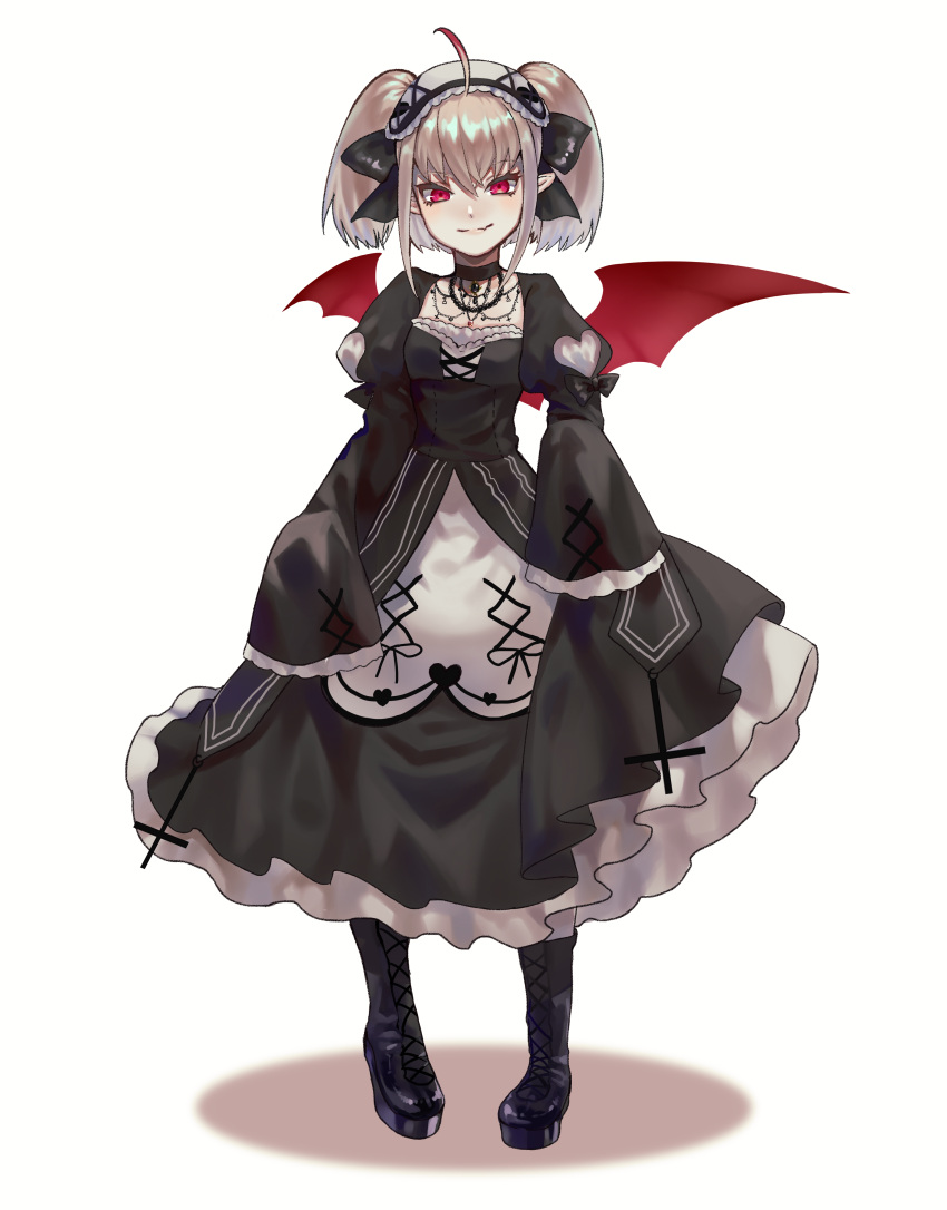 1girl absurdres ahoge black_bow black_choker black_dress black_footwear blush boots bow choker demon_wings dress dyed_ahoge full_body gothic_lolita grey_hair hair_bow hairband highres jewelry juliet_sleeves lolita_fashion lolita_hairband long_sleeves looking_at_viewer makaino_ririmu multicolored_hair necklace nijisanji platform_boots platform_footwear pointy_ears puffy_sleeves red_eyes red_hair red_wings sidelocks simple_background sketch sleeves_past_fingers sleeves_past_wrists smile solo streaked_hair tuki_neko9 twintails two-tone_dress two-tone_hair virtual_youtuber white_background wings