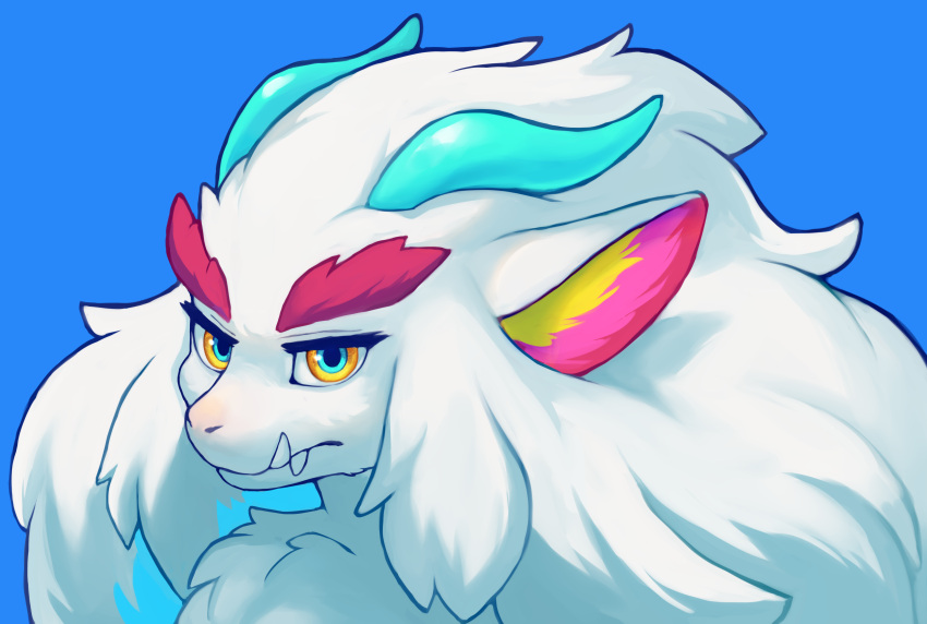 absurd_res amaverse anthro blue_eyes chimera color_swatch dydrkflqo fangs feet female female_anthro fluffy fluffy_hair fur hair headshot_portrait hi_res horn ikaika kemono kimera looking_at_viewer markings portrait shaded soft_shading solo teeth toes white_body white_fur yellow_eyes