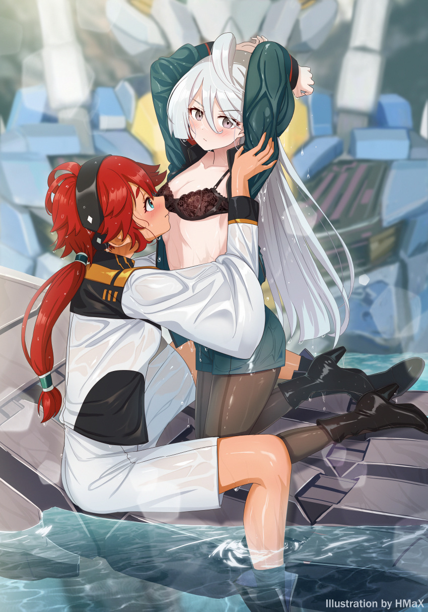 2girls absurdres ahoge arms_up artist_name asticassia_school_uniform blush boots bra breasts cleavage flood green_eyes grey_eyes gundam gundam_aerial gundam_suisei_no_majo highres hmax lens_flare long_hair looking_at_another medium_breasts miorine_rembran multiple_girls pantyhose partially_submerged ponytail red_hair school_uniform see-through shorts smile suletta_mercury underwear undressing wet wet_clothes white_hair yuri