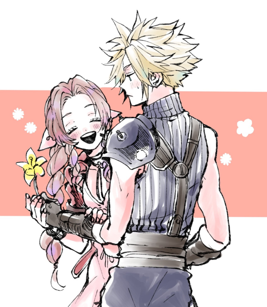 1boy 1girl aerith_gainsborough armor ashinamaturi bangs belt blonde_hair blue_pants blue_shirt blush braid braided_ponytail brown_belt brown_hair choker closed_eyes cloud_strife cowboy_shot dress earrings final_fantasy final_fantasy_vii final_fantasy_vii_remake flower flower_choker hair_ribbon hand_on_another's_arm highres holding holding_flower holding_hands jacket jewelry letterboxed long_hair looking_at_another open_mouth pants parted_bangs pink_background pink_dress pink_ribbon red_jacket ribbon shirt short_hair shoulder_armor sidelocks single_bare_shoulder single_earring smile spiked_hair suspenders sweatdrop teeth upper_teeth_only yellow_flower