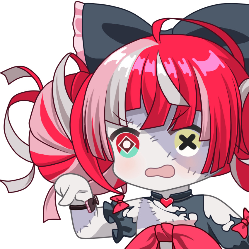 1girl ahoge black_bow black_ribbon bow double_bun dress hair_bow hair_bun heart_collar heterochromia hololive hololive_indonesia kureiji_ollie mismatched_pupils multicolored_hair open_mouth pointing red_bow red_hair ribbon stitched_arm stitched_face stitched_torso stitches torn_clothes torn_dress upper_body virtual_youtuber wrist_ribbon zerorespect_bot