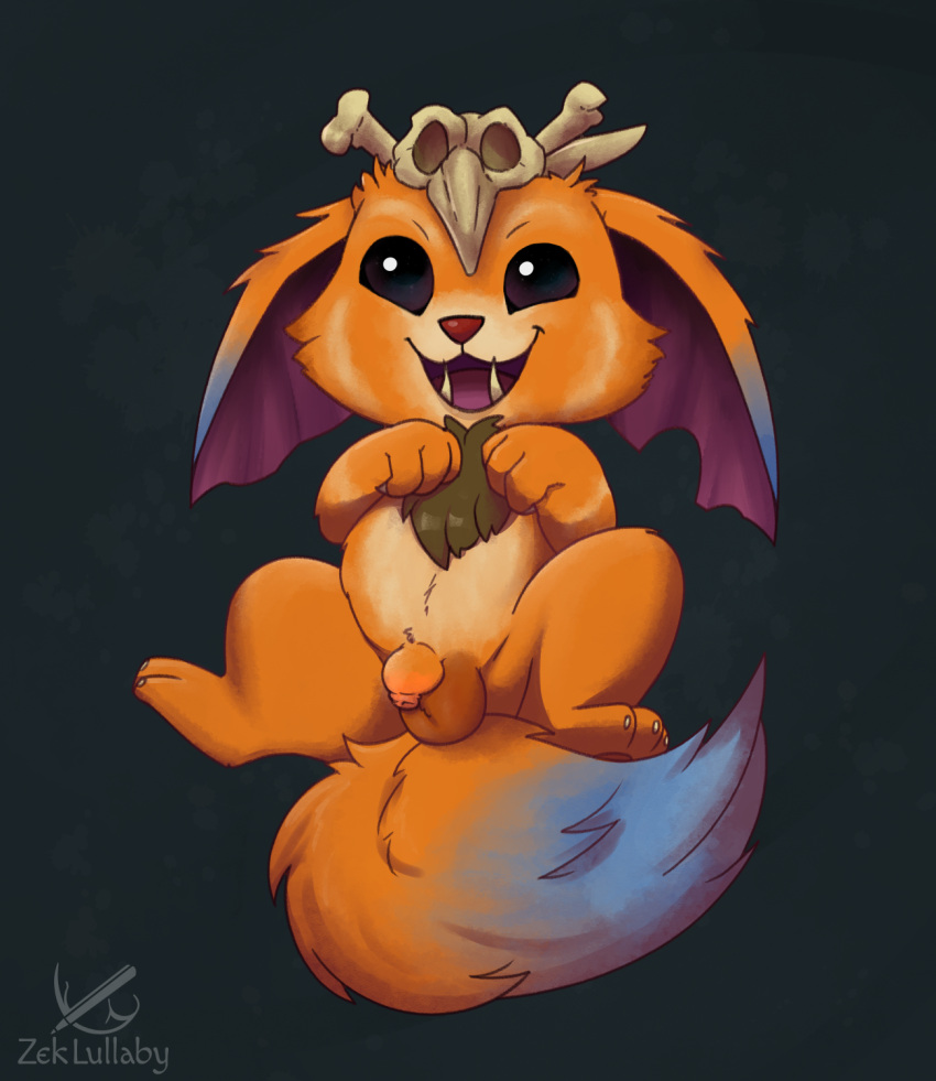 anthro balls bone digital_media_(artwork) flaccid fur genitals gnar_(lol) hair hi_res humanoid_genitalia league_of_legends male mammal open_mouth penis riot_games simple_background skull small_penis smile solo yordle young zeklullaby