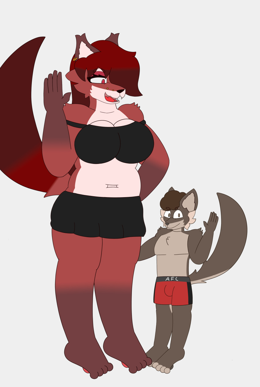 absurd_res anthro big_breasts big_but bottomwear breasts canid canine canis cherry cherry_(moltai) clothing duo female food fruit hi_res male male/female mammal miniskirt moltai piercing plant size_difference skirt tai tai_(moltai) wolf