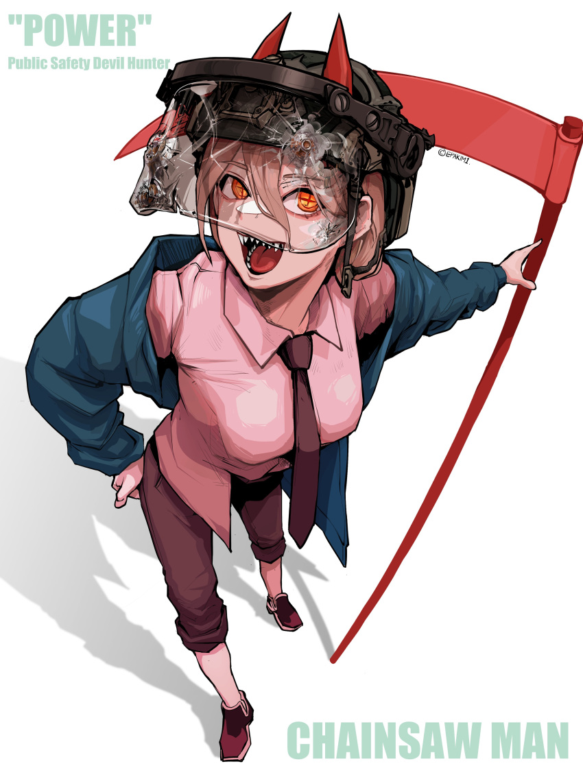 1girl absurdres bangs brown_hair brown_necktie brown_pants chainsaw_man character_name collared_shirt copyright_name cracked_glass cross-shaped_pupils epakim foreshortening hair_between_eyes helmet highres holding holding_scythe holding_weapon horns horns_through_headwear long_hair looking_at_viewer military_helmet necktie off_shoulder open_mouth orange_eyes pants pants_rolled_up pink_shirt power_(chainsaw_man) red_horns scythe sharp_teeth shirt shirt_partially_tucked_in simple_background smile solo symbol-shaped_pupils teeth visor_(armor) weapon white_background