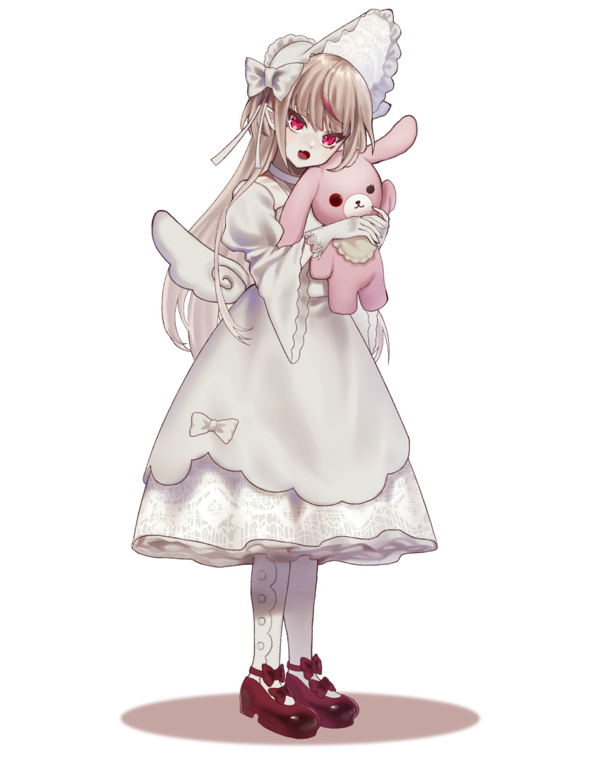 1girl absurdres ankle_ribbon blush bonnet dress full_body grey_hair highres holding holding_stuffed_toy leg_ribbon lolita_fashion long_hair low_wings makaino_ririmu mary_janes multicolored_hair nijisanji open_mouth pointy_ears red_footwear red_hair ribbon shoes simple_background smile solo streaked_hair stuffed_animal stuffed_bunny stuffed_toy tuki_neko9 two-tone_hair virtual_youtuber white_background white_dress white_headwear white_wings wings
