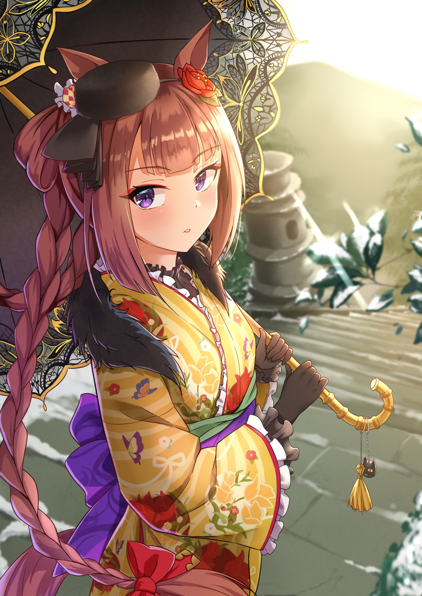 1girl absurdres alternate_costume alternate_hairstyle animal_ears black_umbrella blurry blush braid brown_hair fritz614 hair_ornament hair_rings happy_new_future_(umamusume) hat highres holding holding_umbrella horse_ears horse_girl horse_tail japanese_clothes kimono lens_flare long_hair looking_at_viewer mountain purple_eyes sky solo stairs sun sweep_tosho_(umamusume) sweep_tosho_(whimsical_scenery)_(umamusume) tail umamusume umbrella