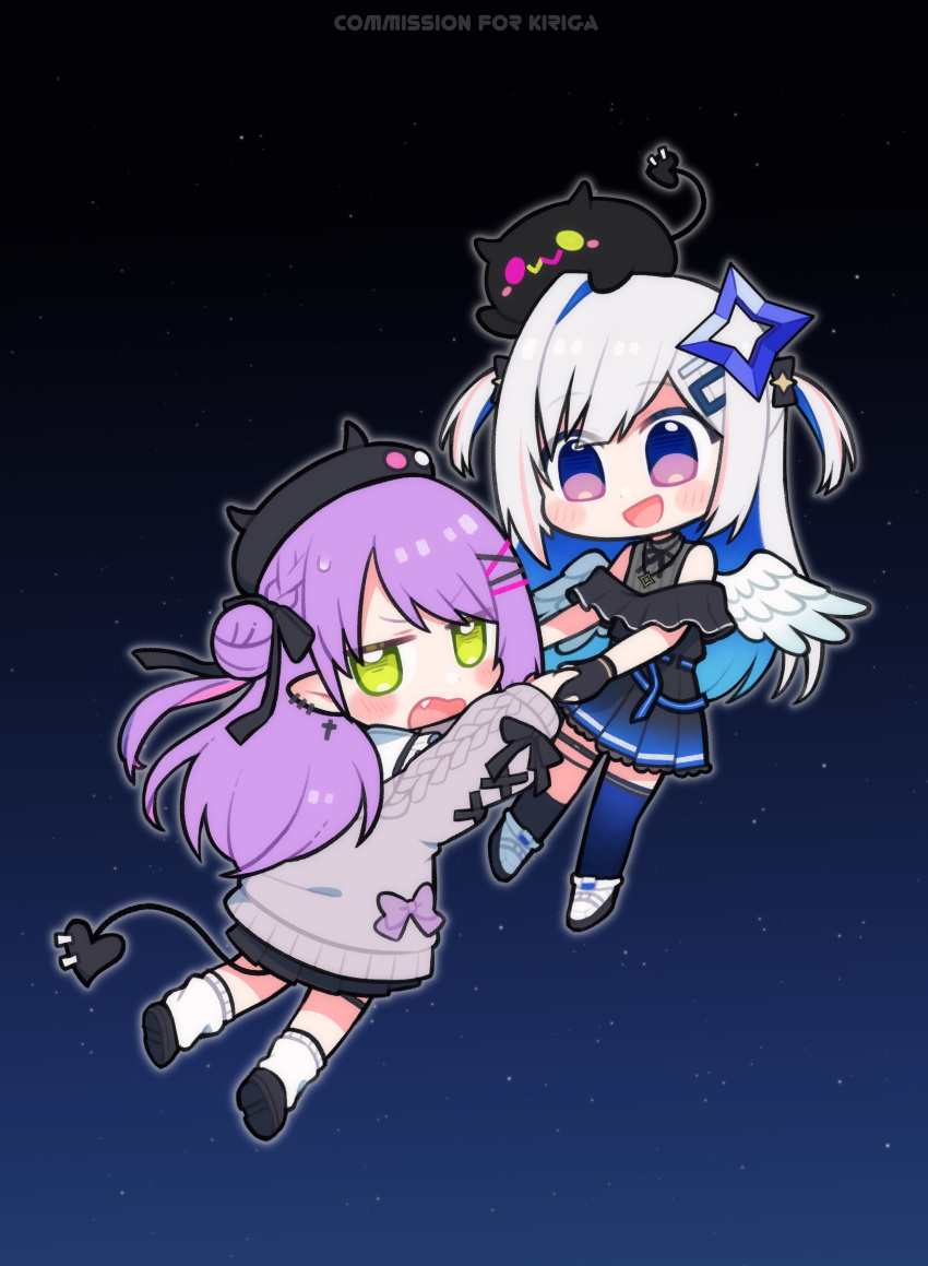 2girls absurdres amane_kanata angel angel_wings angry bibi_(tokoyami_towa) blush_stickers chibi colored_inner_hair commission demon_girl demon_tail embarrassed flying grey_hair highres hololive long_hair multicolored_hair multiple_girls nekotaririn paid_reward_available purple_hair sky star_(sky) starry_background starry_sky tail tokoyami_towa virtual_youtuber wings