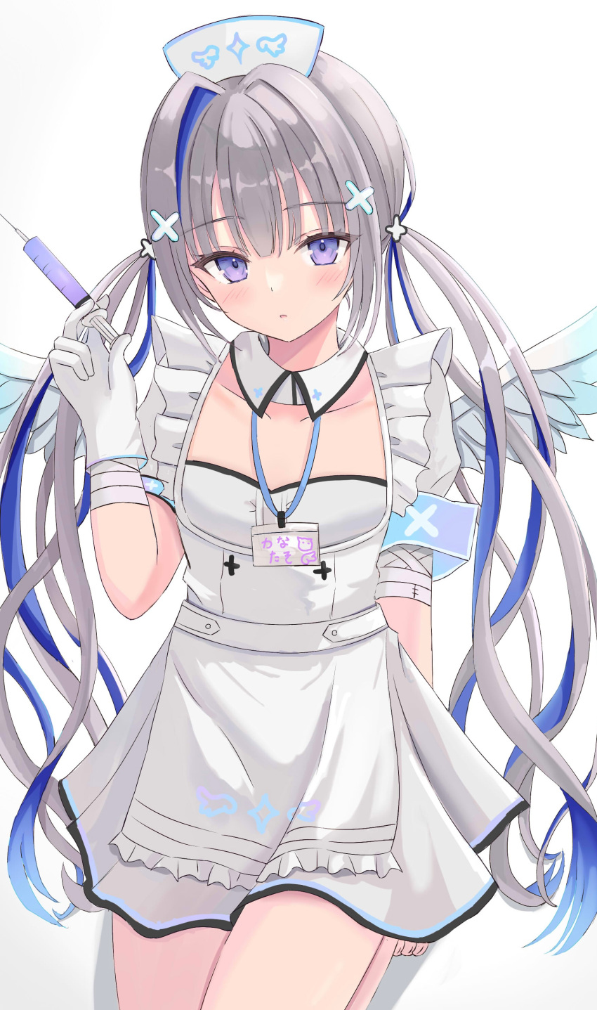 absurdres amane_kanata angel_wings apron arm_at_side bandaged_arm bandages bangs barefoot blue_hair blue_wings blunt_bangs colored_inner_hair detached_collar dress feathered_wings flat_chest frilled_apron frills gloves grey_dress grey_hair hair_ornament hairclip hand_up hat highres holding holding_syringe hololive id_card lanyard multicolored_hair no_legwear nurse nurse_cap official_alternate_costume official_alternate_hair_length official_alternate_hairstyle puffy_short_sleeves puffy_sleeves purple_eyes seiza short_sleeves sitting syringe tamamorh twintails virtual_youtuber white_apron white_gloves white_wings wing_collar wings x_hair_ornament