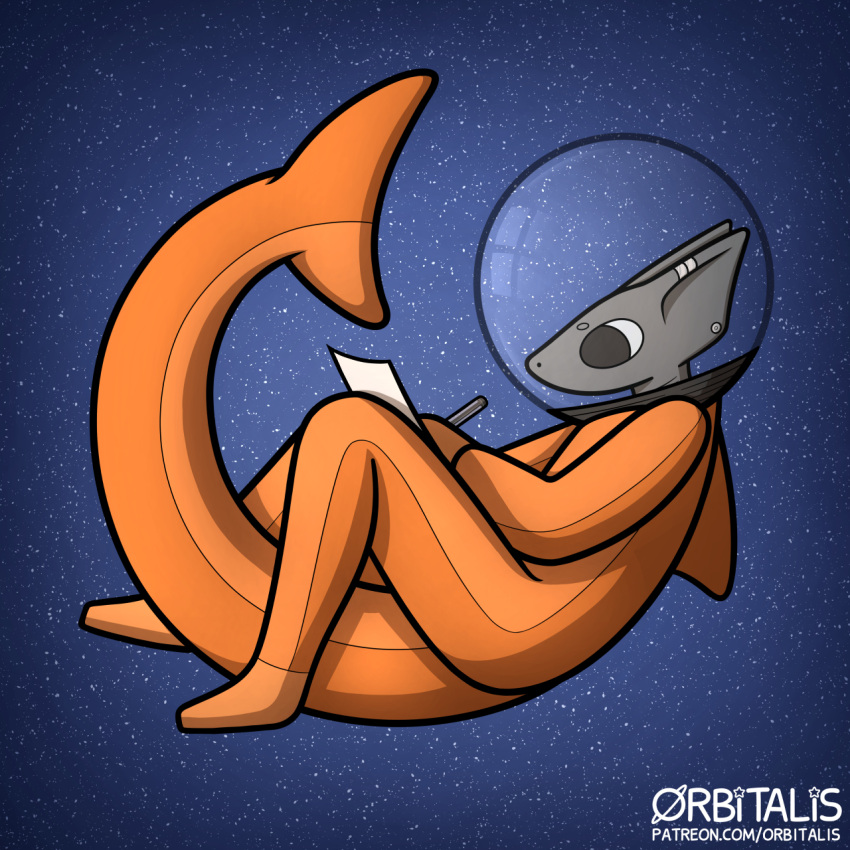 anthro armor astronaut big_eyes big_tail black_eyes blue_background clothed clothing ear_piercing fish headgear helmet hi_res icon male marine orange_clothing orb_(orbitalis) orbitalis paper pen piercing shark simple_background solo space spacesuit star tail text url