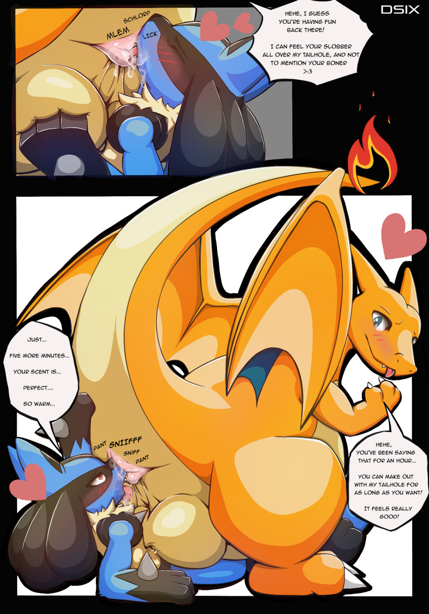 &lt;3 absurd_res anal anthro anus balls balls_on_torso big_balls blush blush_lines bodily_fluids butt butt_sniffing charizard dialogue dripping dsub9 duo eyes_closed eyes_rolled_up feral generation_1_pokemon generation_4_pokemon genitals hi_res holding_balls larger_male licking looking_at_another looking_back looking_pleasured lucario male male/male narrowed_eyes nintendo oral pokemon pokemon_(species) presenting presenting_anus presenting_hindquarters rimming saliva saliva_drip saliva_on_anus saliva_on_face saliva_on_tongue saliva_string sex sitting_on_another sitting_on_chest size_difference size_play smaller_male sniffing talking_to_another talking_to_partner tongue tongue_out