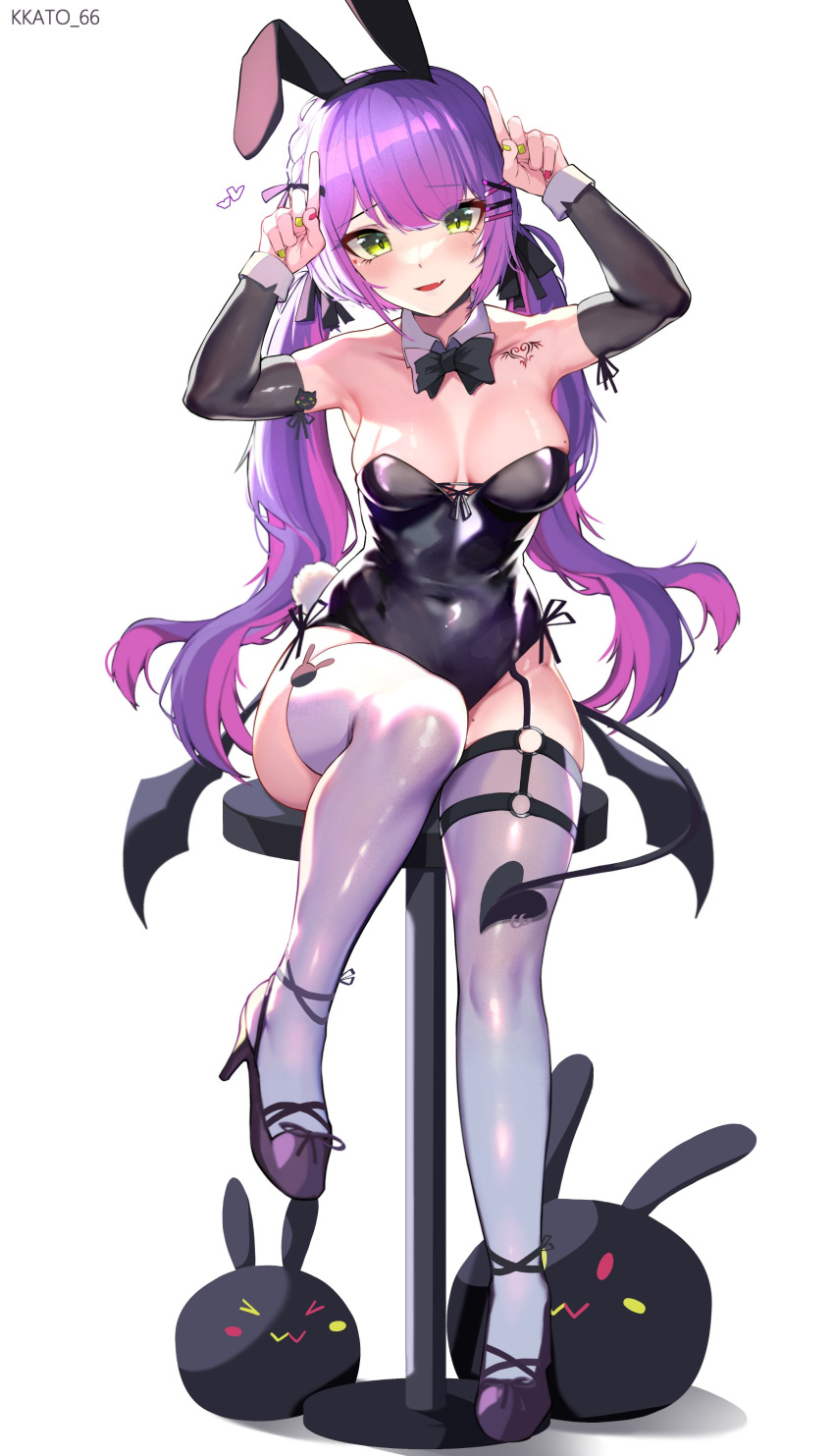 1girl absurdres animal_ears armpits bar_stool bare_shoulders bibi_(tokoyami_towa) black_footwear blush bow bowtie breasts bunny_pose collarbone demon_tail demon_wings detached_collar detached_sleeves hair_between_eyes high_heels highres hololive kkato long_hair multicolored_nails playboy_bunny purple_hair purple_nails rabbit_ears rabbit_tail shoulder_tattoo sitting stool tail tattoo thigh_strap thighhighs tokoyami_towa twintails very_long_hair virtual_youtuber white_background white_thighhighs wings yellow_eyes yellow_nails