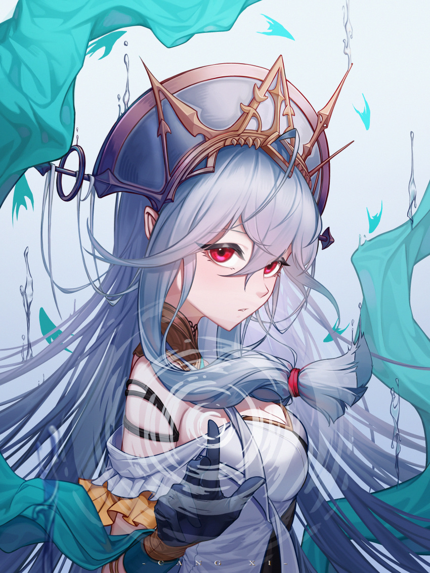 1girl absurdres arknights bangs black_gloves breasts cangxi cleavage dress fish from_side front_ponytail gloves grey_headwear highres layered_dress long_hair looking_at_viewer off-shoulder_dress off_shoulder official_alternate_costume ripples sidelocks skadi_(arknights) skadi_the_corrupting_heart_(arknights) skadi_the_corrupting_heart_(sublimation)_(arknights) upper_body white_hair wrist_guards