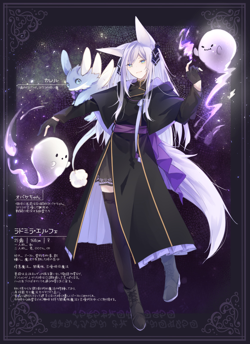 1girl absurdres animal_ears animal_on_shoulder black_dress black_footwear black_robe black_thighhighs blue_eyes dress full_body ghost gloves grey_hair hair_ornament highres long_hair looking_at_viewer no1l6 partially_fingerless_gloves pixiv_fantasia pixiv_fantasia_scepter_of_zeraldia purple_sash robe sash standing tail thighhighs