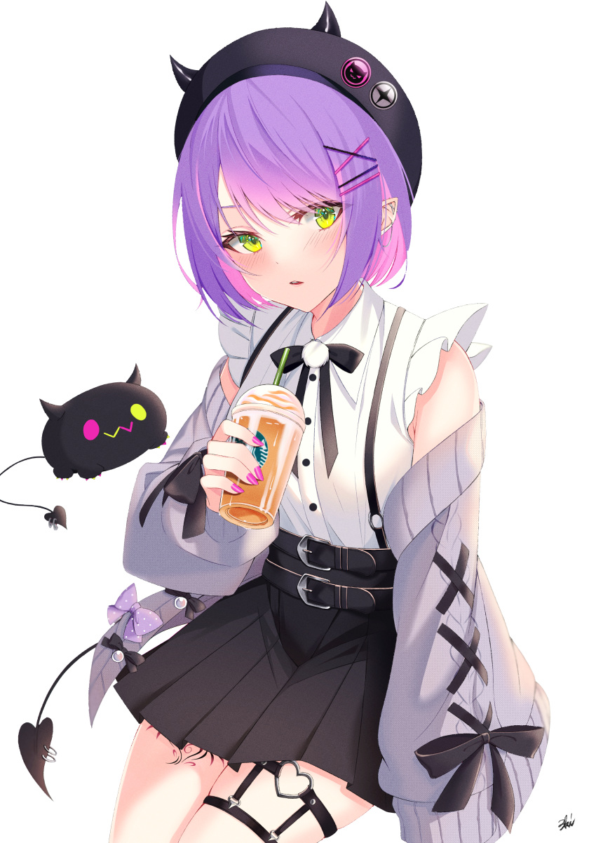 1girl 3ki9709 absurdres aran_sweater bangs barbell_piercing bare_shoulders beret bibi_(tokoyami_towa) black_bow black_bowtie black_headwear black_skirt blush bob_cut bow bowtie cable_knit cardigan cardigan_partially_removed collared_shirt colored_inner_hair commentary cup demon_girl demon_tail disposable_cup ear_piercing fake_horns fingernails frilled_shirt frilled_sleeves frills green_eyes grey_cardigan hair_ornament hairclip hat heart_o-ring high-waist_skirt highres holding holding_cup hololive horned_headwear horns industrial_piercing invisible_chair jirai_kei leg_tattoo long_hair looking_at_viewer miniskirt multicolored_hair nail_polish o-ring_thigh_strap official_alternate_hair_length official_alternate_hairstyle open_cardigan open_clothes parted_lips piercing pink_hair pink_nails pleated_skirt pointy_ears pom_pom_(clothes) purple_hair shirt short_sleeves sitting skirt solo starbucks suspender_skirt suspenders sweater swept_bangs tail tail_ornament tail_piercing tattoo thigh_strap tokoyami_towa virtual_youtuber white_shirt x_hair_ornament