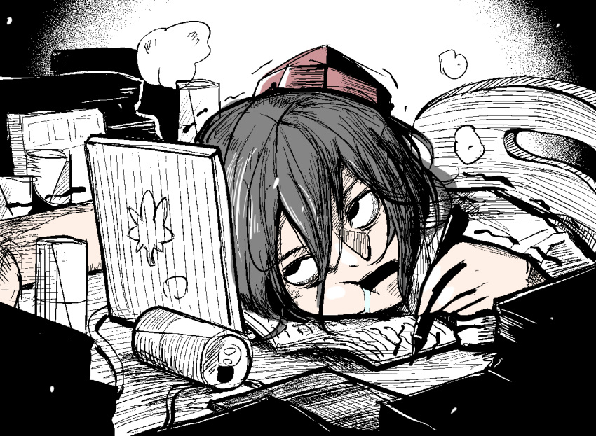 1girl black_eyes black_hair can crosshatching drooling empty_eyes energy_drink exhausted hat hatching_(texture) head_on_table holding holding_pen ink jaggy_lines leaf linear_hatching maple_leaf motion_lines no_pupils notebook pen peroponesosu. red_headwear shameimaru_aya shirt sitting solo tablet_pc tokin_hat touhou white_shirt