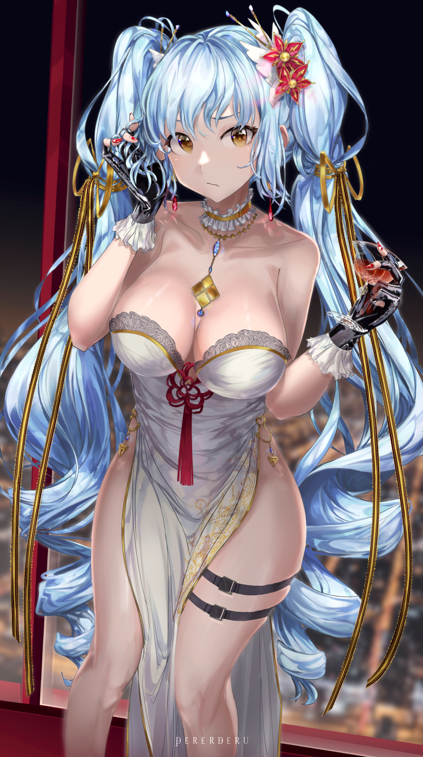 1girl absurdres alcohol artist_name bare_hips bare_shoulders black_gloves blue_hair blurry blurry_background breasts choker city cleavage collarbone cup derederu dress drill_hair drinking_glass flower gem gloves goddess_of_victory:_nikke hair_flower hair_ornament hair_ribbon hair_stick hand_in_own_hair highres holding holding_cup jewelry long_hair looking_at_viewer necklace night no_bra no_panties pelvic_curtain privaty_(nikke) red_flower ribbon solo standing strapless strapless_dress thigh_strap thighs twintails very_long_hair white_choker white_dress window wine wine_glass yellow_eyes yellow_ribbon