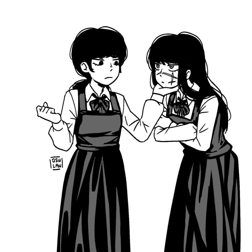 2girls black_hair black_ribbon chainsaw_man collared_shirt cross_scar crossed_arms dress greyscale hand_on_another's_chin highres long_hair looking_at_another mitaka_asa monochrome multiple_girls neck_ribbon osulan pinafore_dress ribbon scar scar_on_cheek scar_on_face shirt simple_background twintails white_background white_shirt yoru_(chainsaw_man)