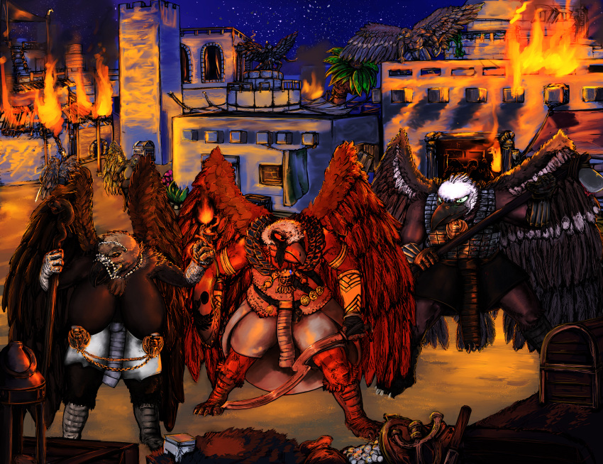 accipitriform action_shot anthro armor art_wumpus avian big_breasts bird breasts desert fantasy female fire group hi_res huge_breasts male night piercing vulture weapon wings