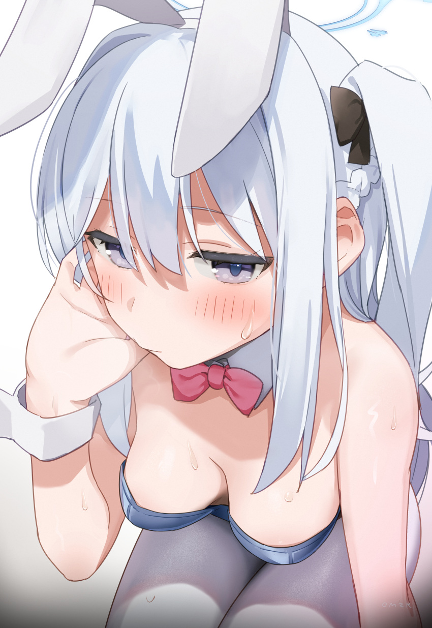 1girl absurdres animal_ears aumann blue_archive blue_leotard blush bow bowtie braid breasts breasts_apart closed_mouth commentary_request detached_collar fake_animal_ears grey_hair hair_between_eyes halo highres leotard long_hair looking_at_viewer medium_breasts miyako_(blue_archive) pantyhose playboy_bunny rabbit_ears red_bow red_bowtie simple_background solo sweat traditional_bowtie white_background white_pantyhose wrist_cuffs