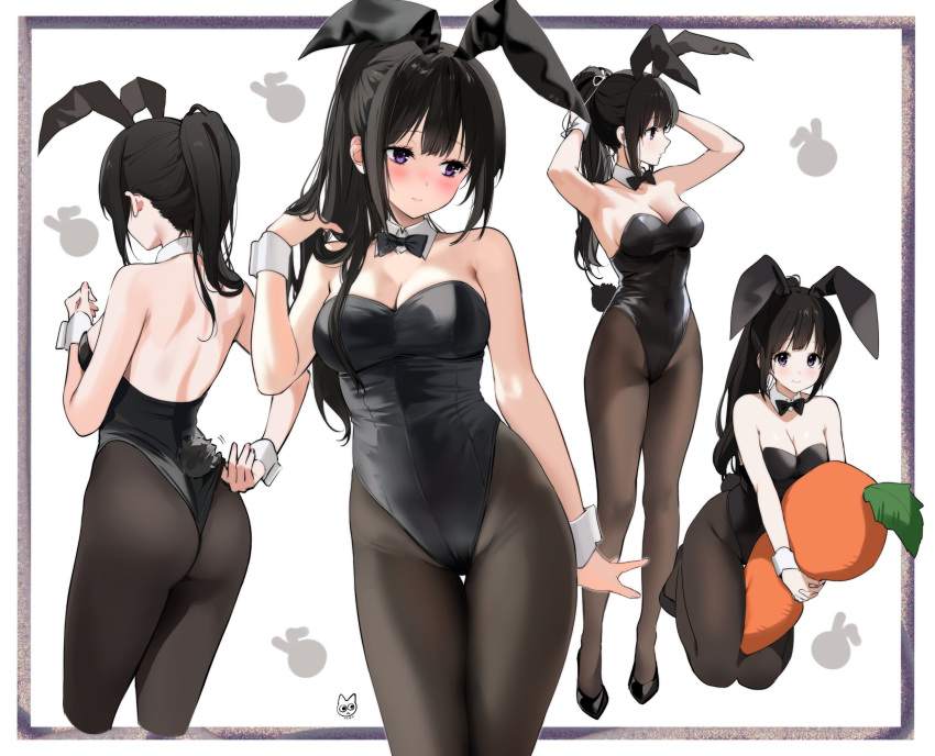 1girl animal_ears artist_logo bangs bare_shoulders black_hair black_leotard blush bow bowtie breasts brown_hair carrot carrot_pillow chitanda_eru cleavage detached_collar fake_animal_ears fake_tail high_heels highres hyouka kotenbu_series leotard long_hair looking_at_viewer mery_(yangmalgage) pantyhose playboy_bunny ponytail purple_eyes rabbit_ears rabbit_tail simple_background smile solo strapless strapless_leotard tail white_background wrist_cuffs