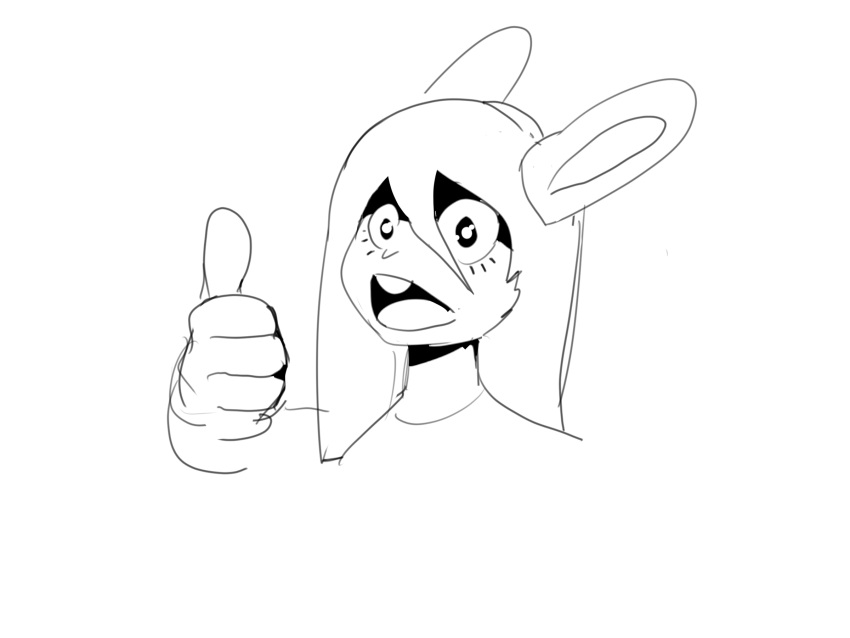 5_fingers anthro clothing eyelashes fingers gesture hair hi_res janis_(twang) lagomorph leporid long_hair looking_at_viewer male mammal monochrome open_mouth rabbit raised_arm shirt simple_background sketch solo teeth thumbs_up tongue topwear twang white_background