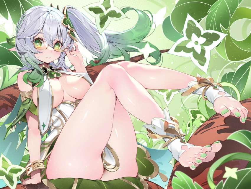 1girl aged_up bespectacled bracelet breast_curtains breasts closed_mouth genshin_impact glasses gradient_hair green_eyes green_hair green_nails grey_hair highres jewelry large_breasts legs looking_at_viewer multicolored_hair nahida_(genshin_impact) nail_polish pointy_ears shiny_hair side_ponytail sitting smile solo thighs toenail_polish toenails toes waterring