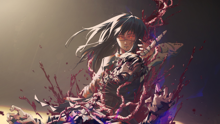 1boy 1girl absurdres artpaji bangs black_hair black_necktie blank_eyes blood blood_splatter chainsaw_man collared_shirt cross_scar decapitation dress glowing glowing_eyes guro highres holding holding_sword holding_weapon lens_flare long_hair looking_at_viewer necktie open_clothes parted_lips pinafore_dress ringed_eyes scar scar_on_cheek scar_on_face shirt short_hair solo_focus spine sword tanaka_(chainsaw_man) weapon white_shirt yellow_eyes yoru_(chainsaw_man)