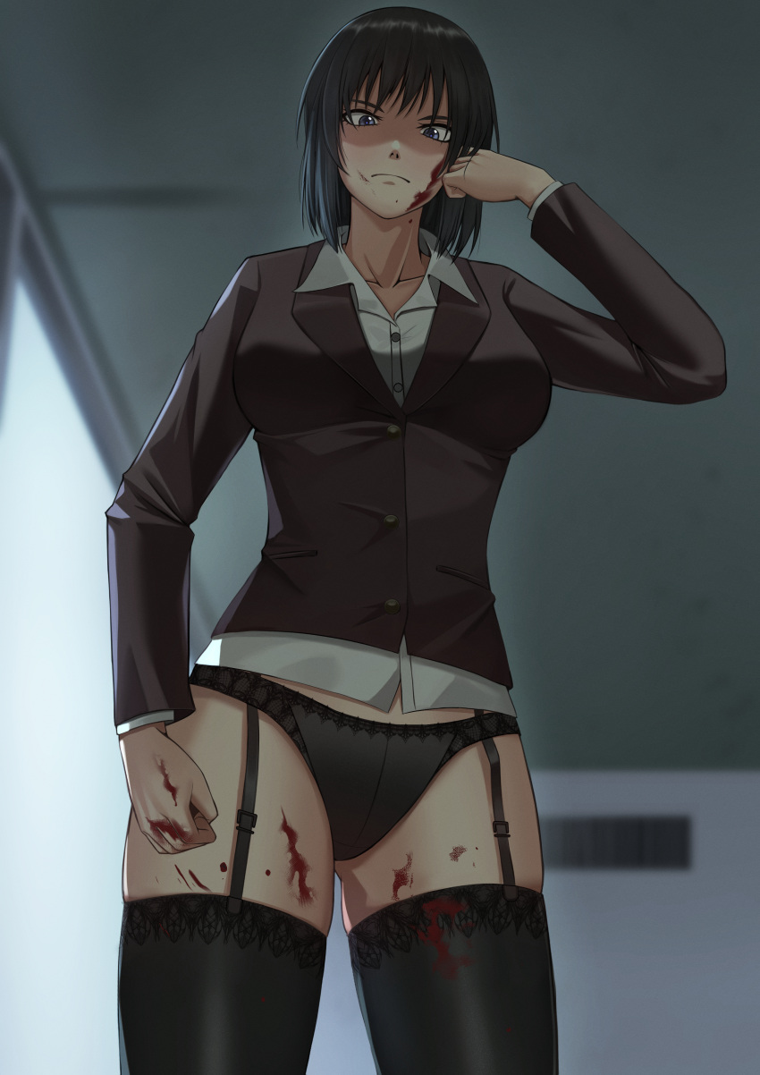 1girl absurdres bad_proportions black_hair black_pants black_shirt black_thighhighs blood blood_on_face blood_on_leg blurry blurry_background breasts clenched_hand fax61209 garter_belt hand_up highres indoors jormungand karen_low long_sleeves looking_at_viewer medium_breasts medium_hair pants shirt standing thighhighs thighs