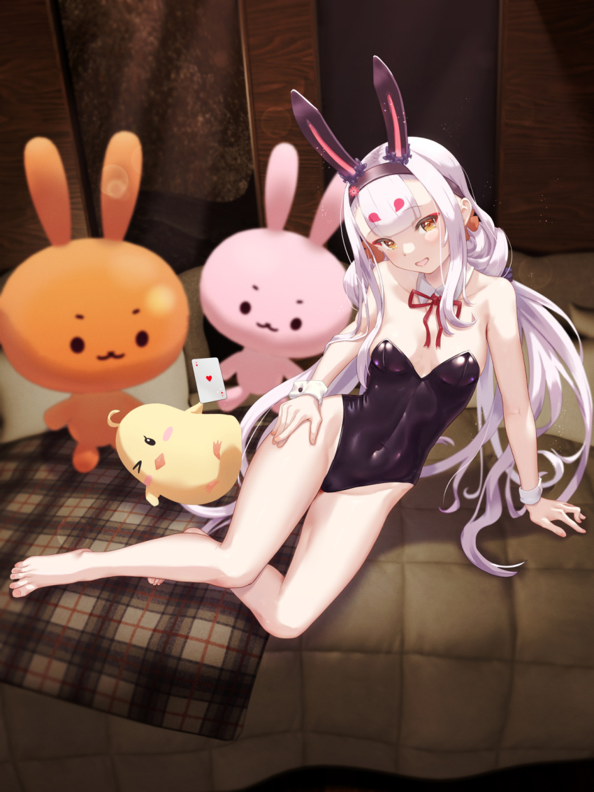 1girl :d ace_of_hearts alternate_costume animal_ears arm_support azur_lane bare_legs bare_shoulders black_hairband black_leotard blush breasts covered_navel detached_collar full_body garter_straps groin hairband hakamaboooots hand_on_hip hand_on_own_thigh head_tilt heart highres indoors legs_folded leotard long_hair looking_at_viewer lying manjuu_(azur_lane) on_bed on_side rabbit_ears rabbit_girl shimakaze_(azur_lane) sitting skin_tight small_breasts smile solo stuffed_animal stuffed_bunny stuffed_toy very_long_hair white_hair wrist_cuffs yellow_eyes